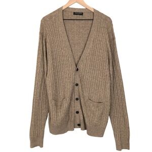 KALLSPIN Cable Knit Cardigan Sweater L Beige Wool Blend‎ Button Pockets Grandpa
